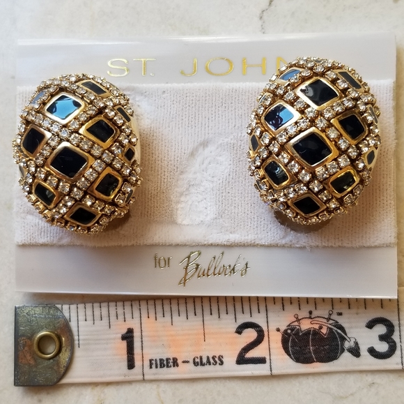 St. John Jewelry - NWT St. John blk. epoxy, rhinestones, gold clip earrings.